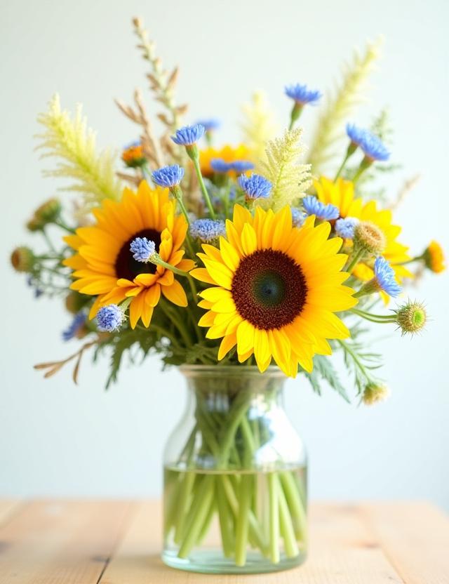 En färgstark och vild sommarbukett i en glasvas, med solrosor, blåklint och gräs, som ger en känsla av en sommaräng.